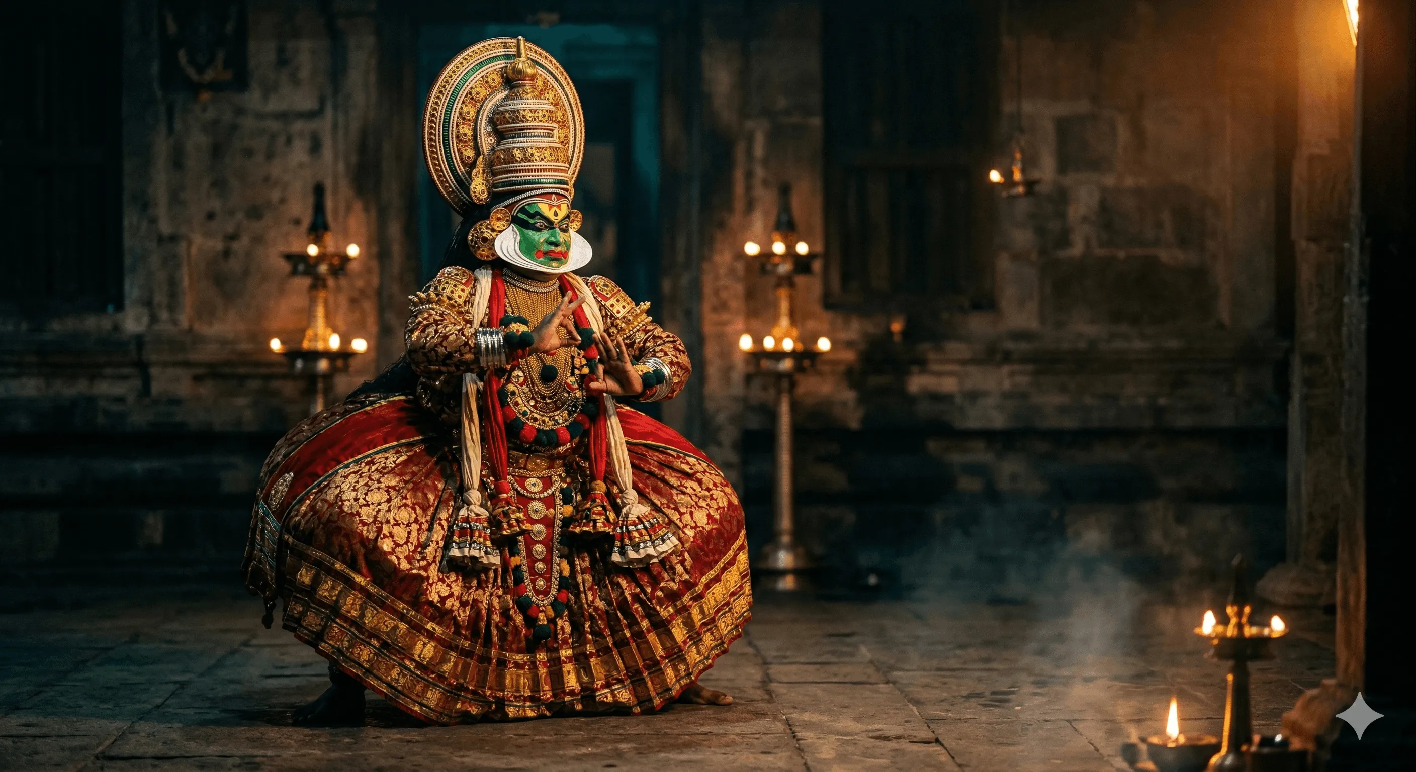 Kathakali dancer in traditional costume with elaborate makeup