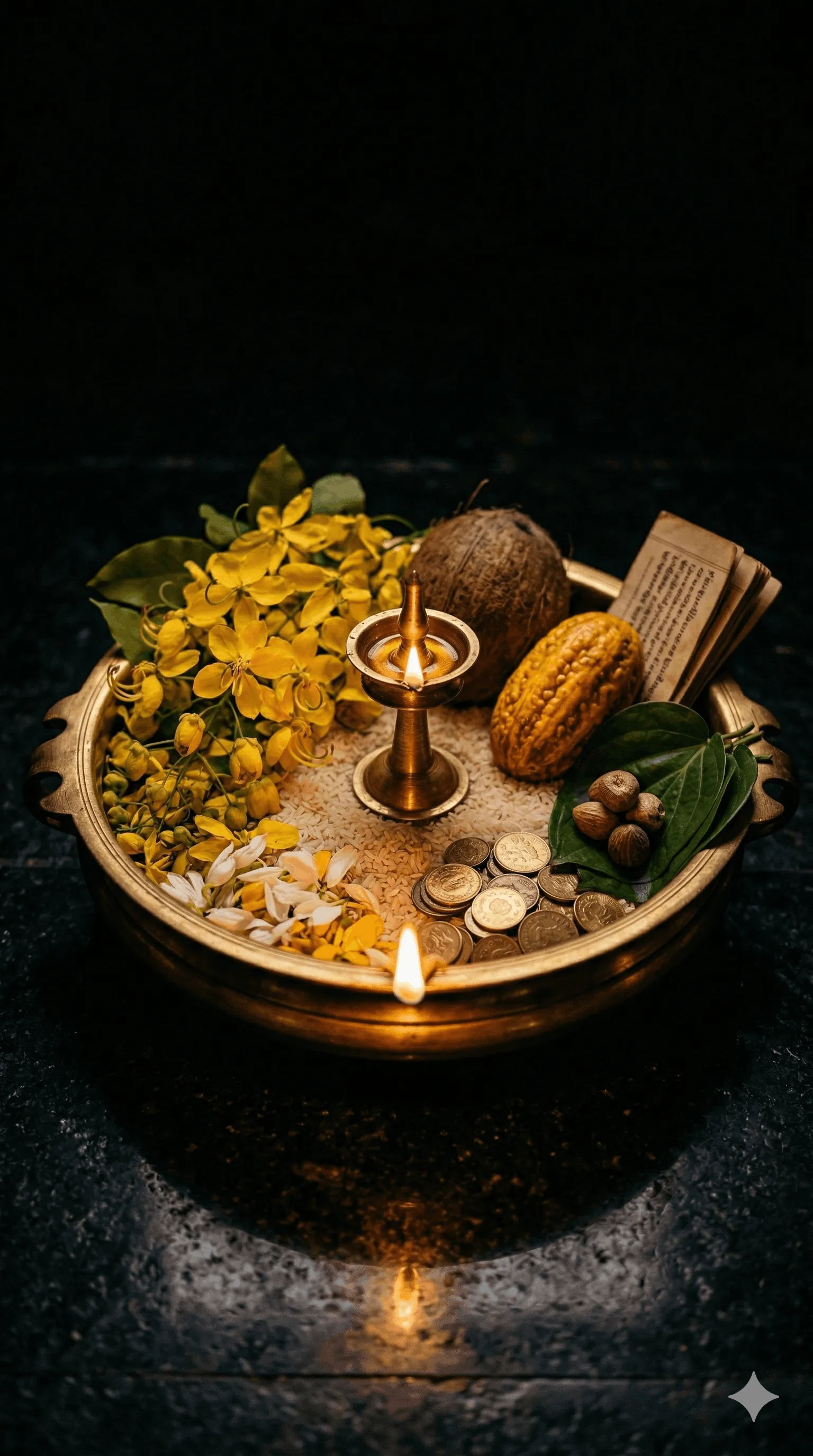 Vishu Kani arrangement with golden flowers